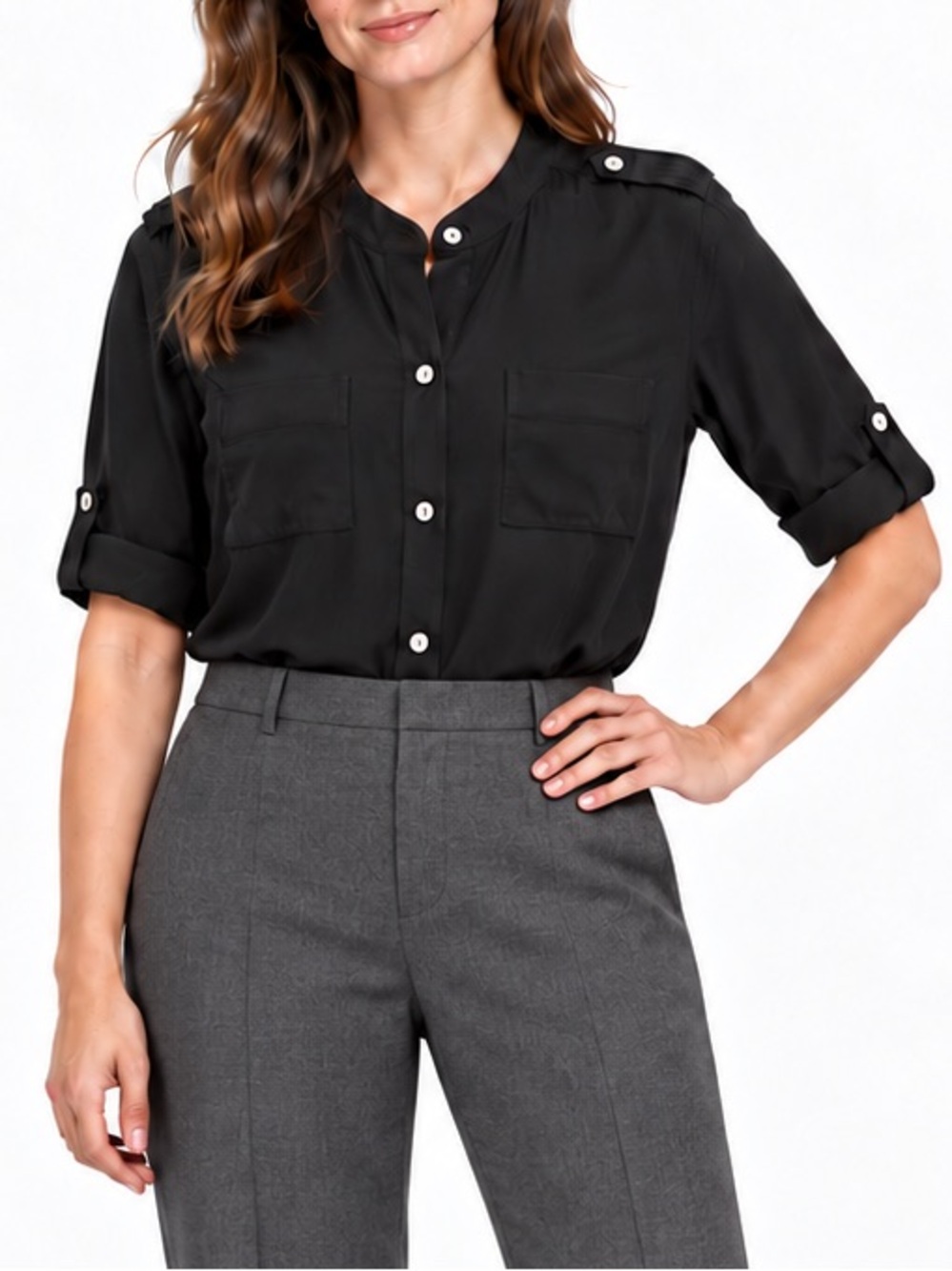 DKNY 92% Silk Black Utility Button Down Blouse Petite Military Shirt